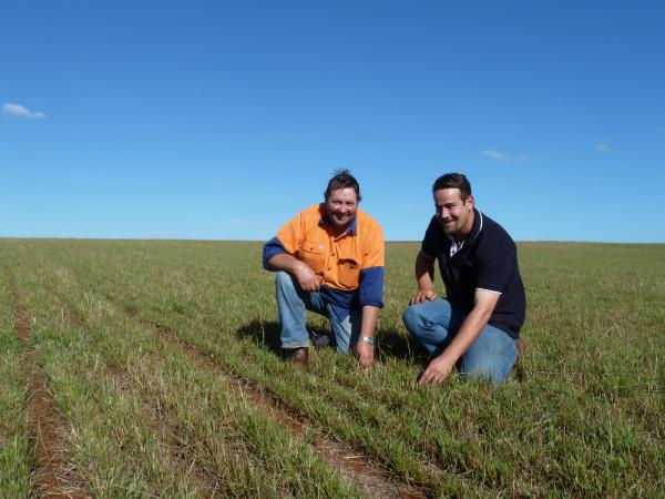 Phillip Hamilton (left) and Roberts Agro Tim Walker in a Knight pasture